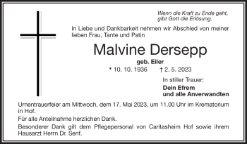 Traueranzeige von Malvine Dersepp von Frankenpost