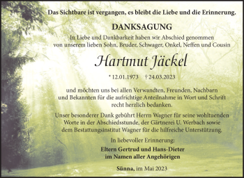 Traueranzeige von Hartmut Jäckel von Südthüringer Presse