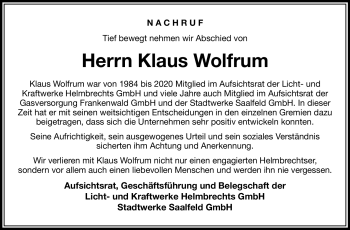 Traueranzeige von Klaus Wolfrum von Frankenpost