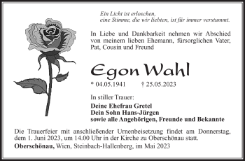 Traueranzeige von Egon Wahl von Südthüringer Presse