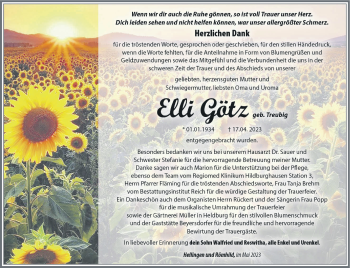 Traueranzeige von Elli Götz von Südthüringer Presse