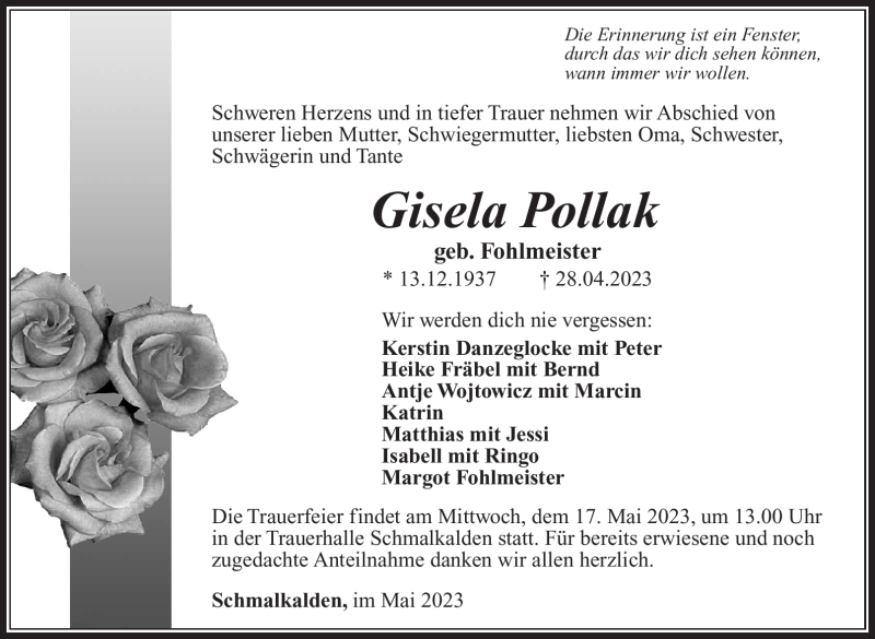  Traueranzeige für Gisela Pollak vom 13.05.2023 aus Südthüringer Presse