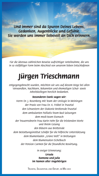 Traueranzeige von Jürgen Trieschmann von Südthüringer Presse