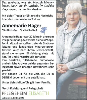 Traueranzeige von Annemarie Hager von Neue Presse Coburg