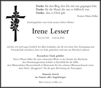 Traueranzeige von Irene Lesser von Südthüringer Presse
