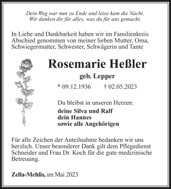 Traueranzeige von Rosemarie Heßler von Südthüringer Presse