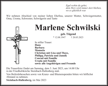 Traueranzeige von Marlene Schwilski von Südthüringer Presse