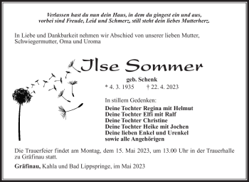 Traueranzeige von Ilse Sommer von Südthüringer Presse