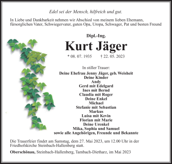 Traueranzeige von Kurt Jäger von Südthüringer Presse