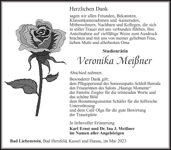 Traueranzeige von Veronika Meißner von Südthüringer Presse