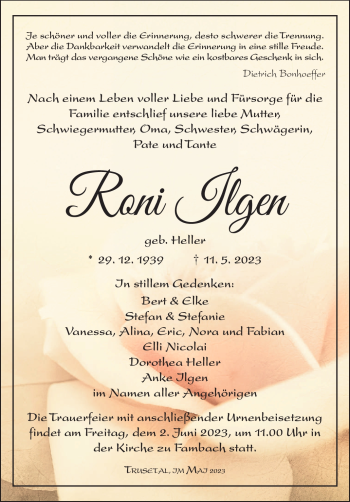 Traueranzeige von Roni Ilgen von Südthüringer Presse