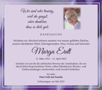 Traueranzeige von Marga Erdt von Südthüringer Presse