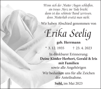 Traueranzeige von Erika Seelig von Südthüringer Presse