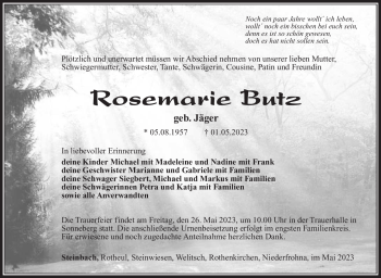 Traueranzeige von Rosemarie Butz von Südthüringer Presse