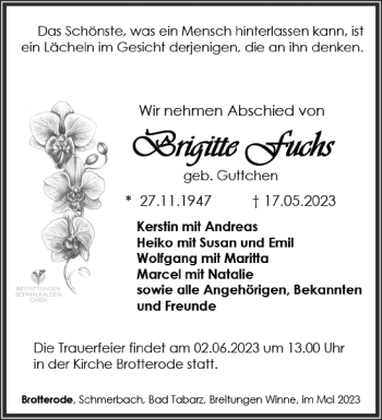 Traueranzeige von Brigitte Fuchs von Südthüringer Presse
