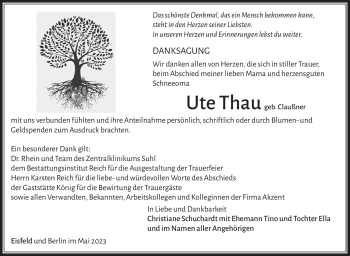 Traueranzeige von Ute Thau von Südthüringer Presse