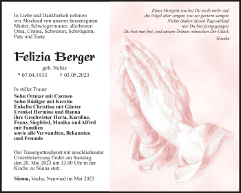 Traueranzeige von Felizia Berger von Südthüringer Presse