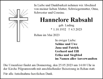 Traueranzeige von Hannelore Rabsahl von Frankenpost