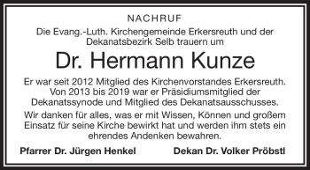Traueranzeige von Hermann Kunze von Frankenpost