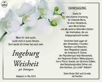 Traueranzeige von Ingeburg Weisheit von Südthüringer Presse