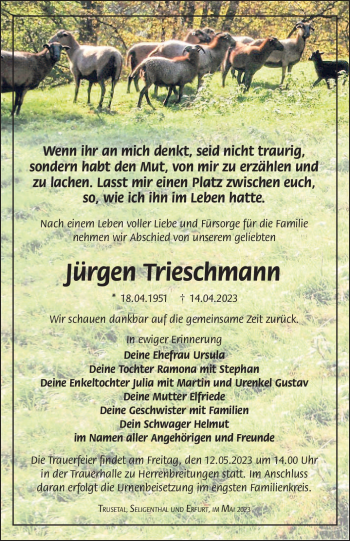 Traueranzeige von Jürgen Trieschmann von Südthüringer Presse