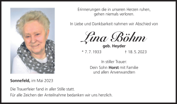 Traueranzeige von Lina Böhm von Neue Presse Coburg