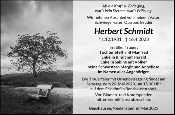 Traueranzeige von Herbert Schmidt von Südthüringer Presse