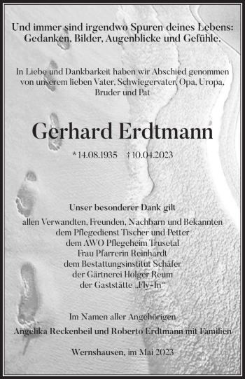 Traueranzeige von Gerhard Erdtmann von Südthüringer Presse