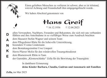 Traueranzeige von Hans Greif von Südthüringer Presse