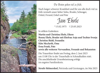 Traueranzeige von Jan Ehrle von Südthüringer Presse