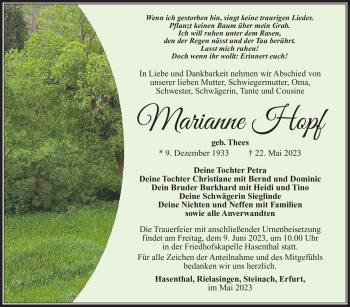 Traueranzeige von Marianne Hopf von Südthüringer Presse