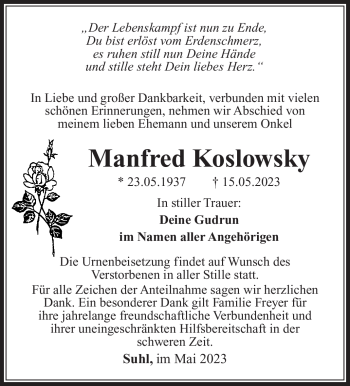 Traueranzeige von Manfred Koslowsky von Südthüringer Presse