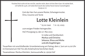 Traueranzeige von Lotte Klein von Frankenpost