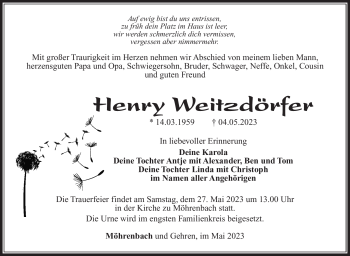 Traueranzeige von Henry Weitzdörfer von Südthüringer Presse