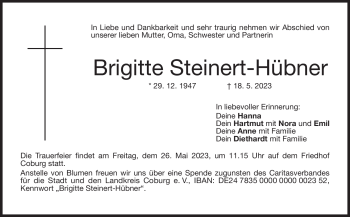 Traueranzeige von Brigitte Steinert-Hübner von Neue Presse Coburg