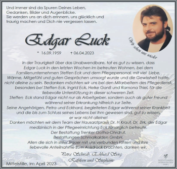 Traueranzeige von Edgar Luck von Südthüringer Presse