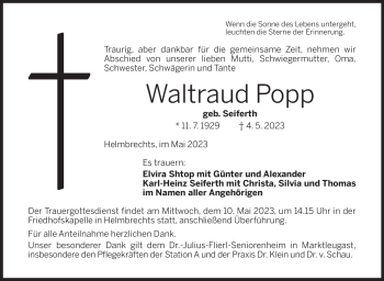 Traueranzeige von Waltraud Popp von Frankenpost