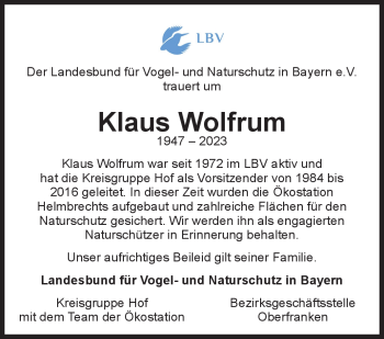 Traueranzeige von Klaus Wolfrum von Frankenpost