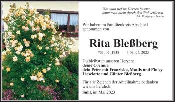 Traueranzeige von Rita Bleßberg von Südthüringer Presse