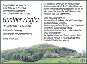 Traueranzeige von Günther Ziegler von Südthüringer Presse