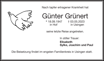 Traueranzeige von Günter Grünert von Frankenpost