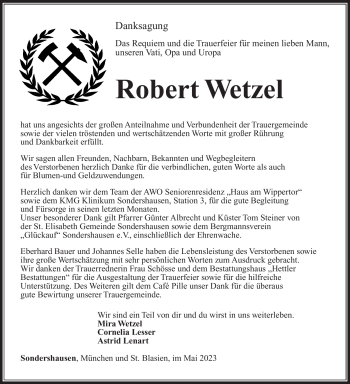 Traueranzeige von Roebert Wetzel von Südthüringer Presse