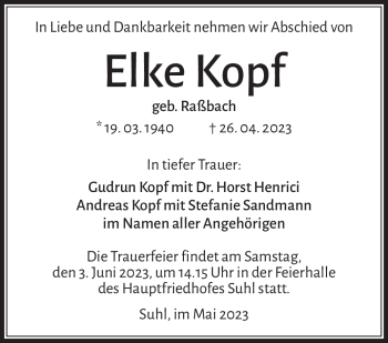 Traueranzeige von Elke Kopf von Südthüringer Presse