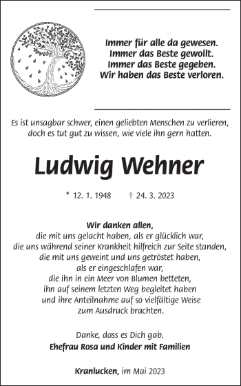 Traueranzeige von Ludwig Wehner von Südthüringer Presse