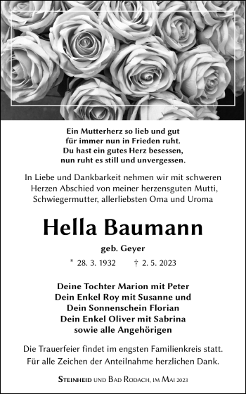 Traueranzeige von Hella Baumann von Südthüringer Presse