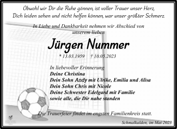 Traueranzeige von Jürgen Nummer von Südthüringer Presse