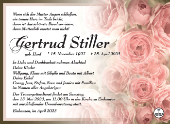 Traueranzeige von Gertrud Stiller von Südthüringer Presse