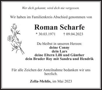 Traueranzeige von Roman Scharfe von Südthüringer Presse