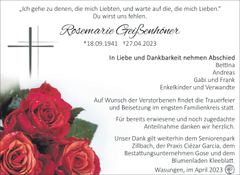 Traueranzeige von Rosemarie Geißenhöner von Südthüringer Presse