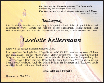 Traueranzeige von Liselotte Kellermann von Südthüringer Presse